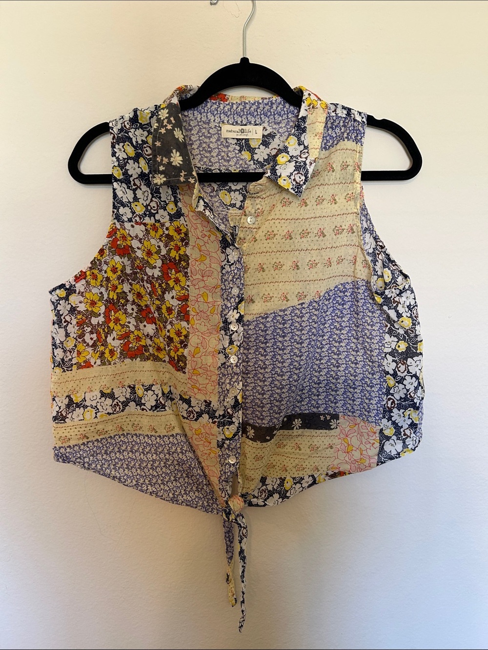 Natural Life Patchwork Floral Tie-Front Top - Blue, Cream, Yellow - Picture 1 of 5